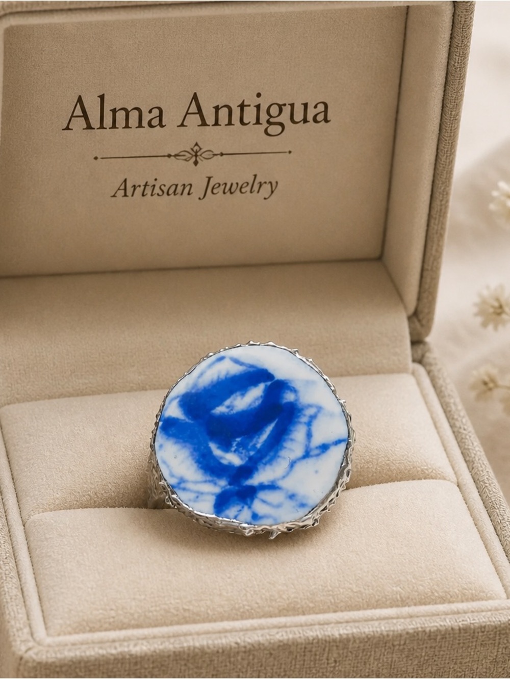 Artisan Silver & Blue Willow China Statement Cocktail Rose Ring Size 9